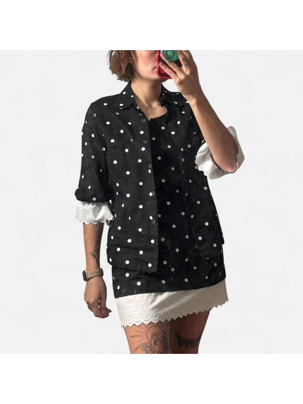 Vintage Black and White Polka Dot Mini Dress and Shirt Set
